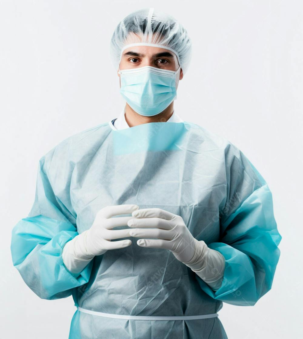 Médico Em Traje Cirúrgico Completo, Com Máscara E Luvas, Postura Confiante, Fundo Branco 13