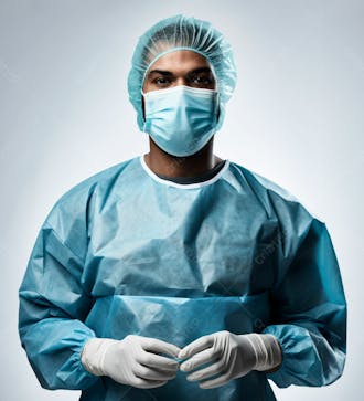 Médico em traje cirúrgico completo, com máscara e luvas, postura confiante, fundo branco 14