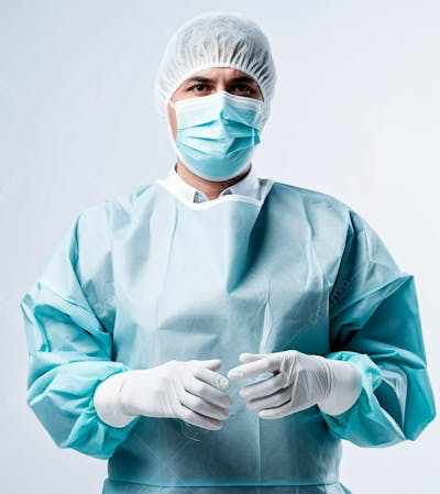 Médico Em Traje Cirúrgico Completo, Com Máscara E Luvas, Postura Confiante, Fundo Branco 15