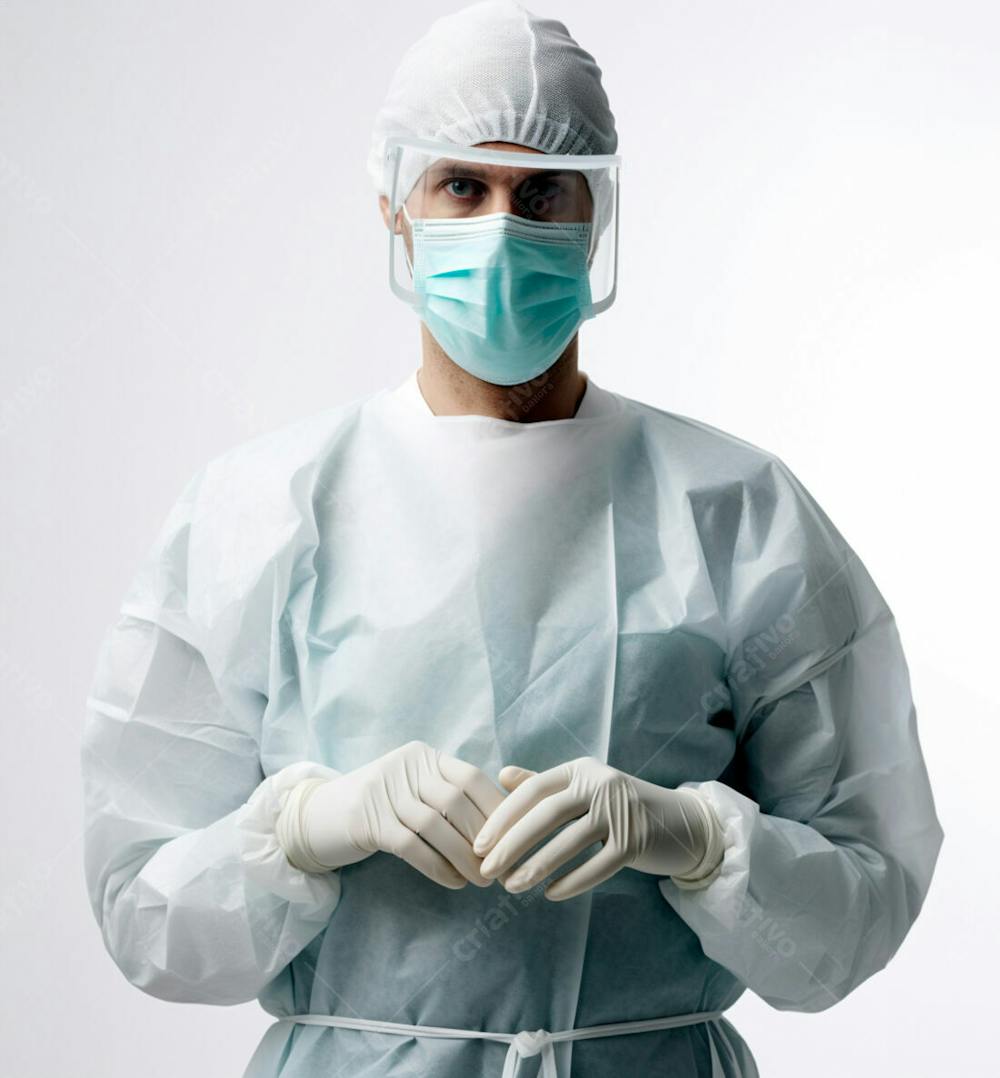 Médico Em Traje Cirúrgico Completo, Com Máscara E Luvas, Postura Confiante, Fundo Branco 16