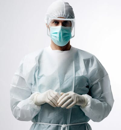 Médico Em Traje Cirúrgico Completo, Com Máscara E Luvas, Postura Confiante, Fundo Branco 16