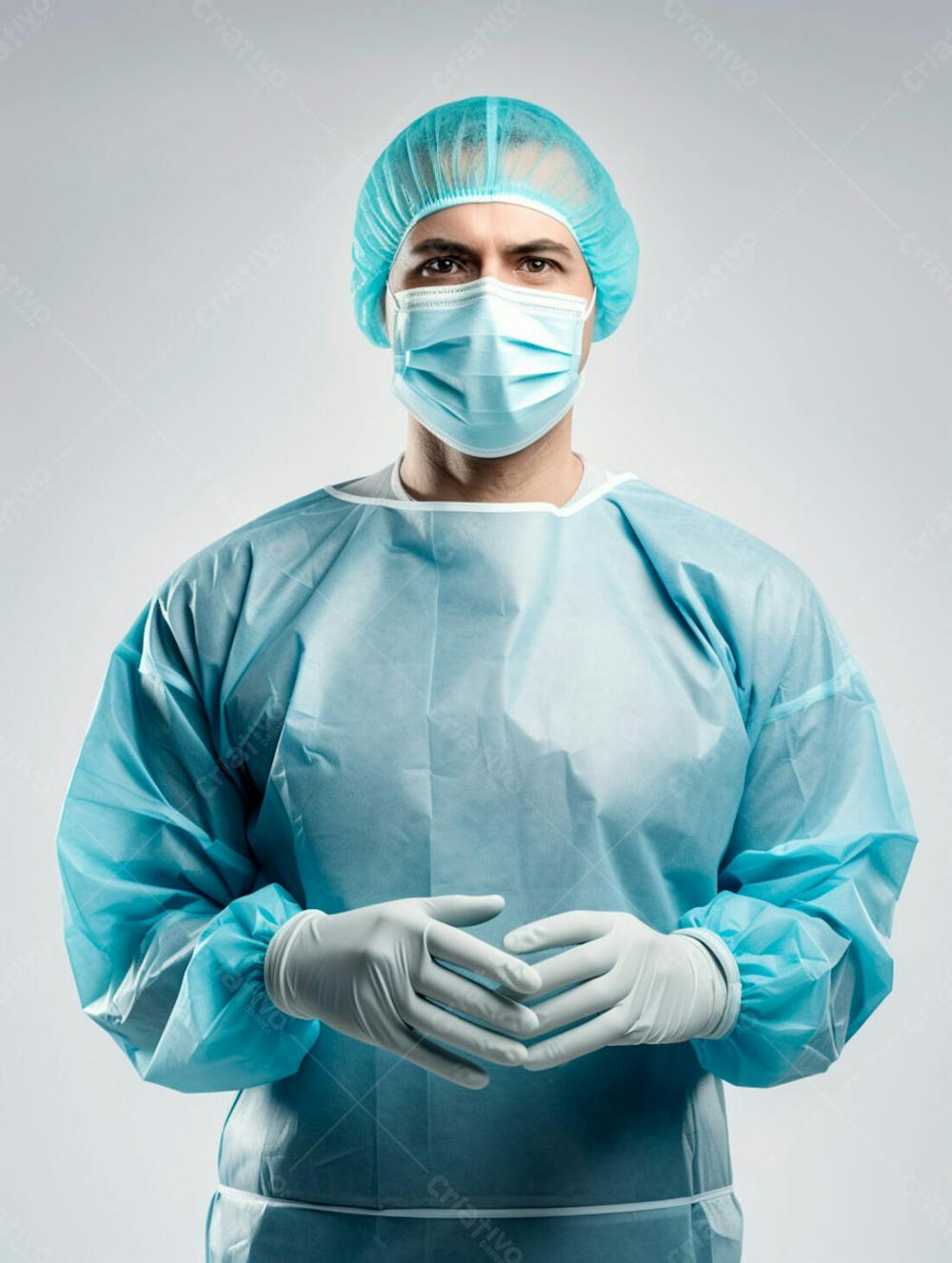 Médico Em Traje Cirúrgico Completo, Com Máscara E Luvas, Postura Confiante, Fundo Branco 17