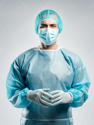 Médico em traje cirúrgico completo, com máscara e luvas, postura confiante, fundo branco 17