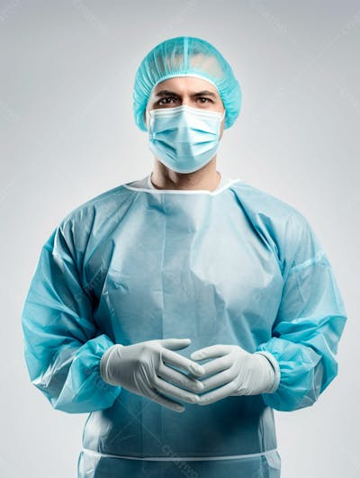 Médico Em Traje Cirúrgico Completo, Com Máscara E Luvas, Postura Confiante, Fundo Branco 17