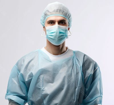 Médico Em Traje Cirúrgico Completo, Com Máscara E Luvas, Postura Confiante, Fundo Branco 18