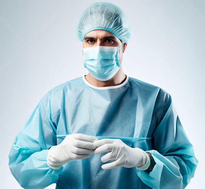 Médico em traje cirúrgico completo, com máscara e luvas, postura confiante, fundo branco 19