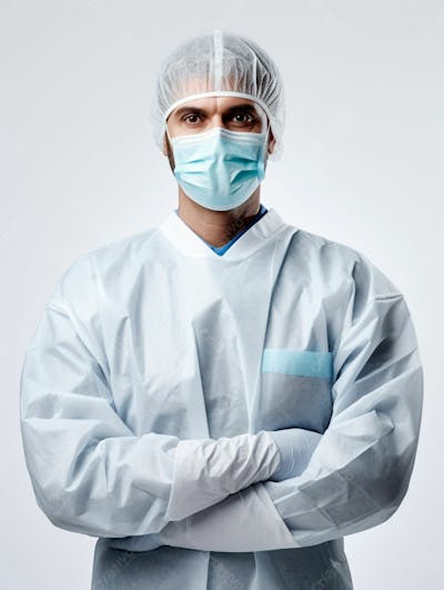 Médico Em Traje Cirúrgico Completo, Com Máscara E Luvas, Postura Confiante, Fundo Branco 20