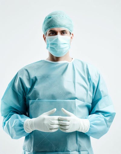 Médico Em Traje Cirúrgico Completo, Com Máscara E Luvas, Postura Confiante, Fundo Branco 21
