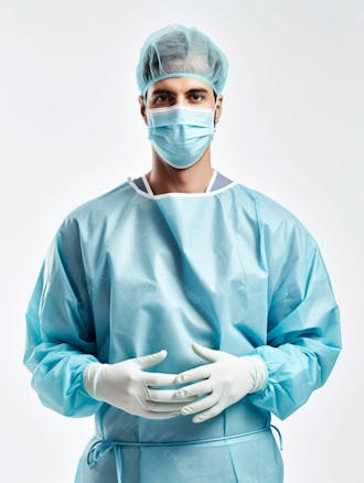 Médico em traje cirúrgico completo, com máscara e luvas, postura confiante, fundo branco 22