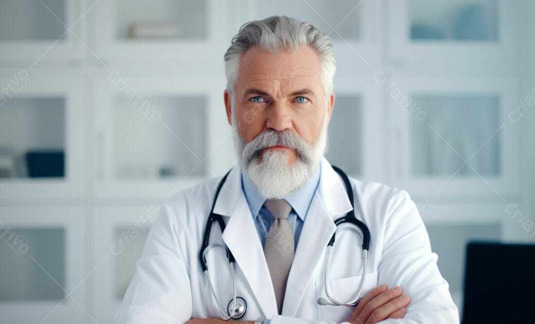 Médico sênior com barba branca em consultório