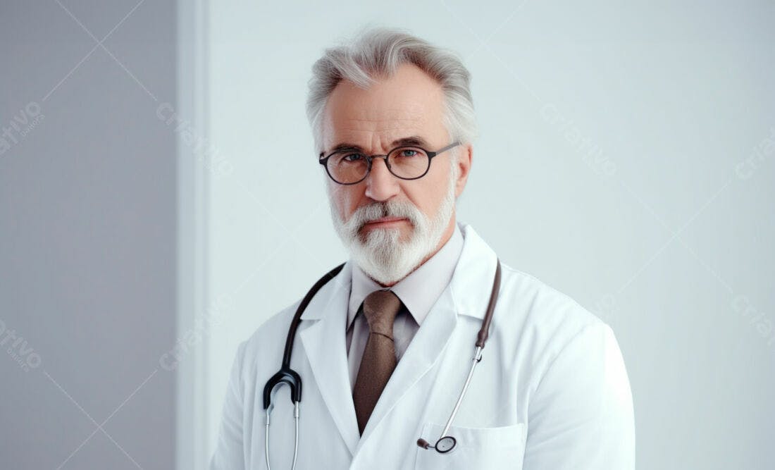 Médico sênior com jaleco branco e estetoscópio