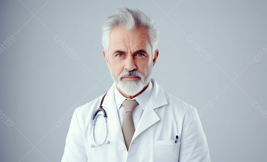 Médico sênior com barba branca fundo cinza