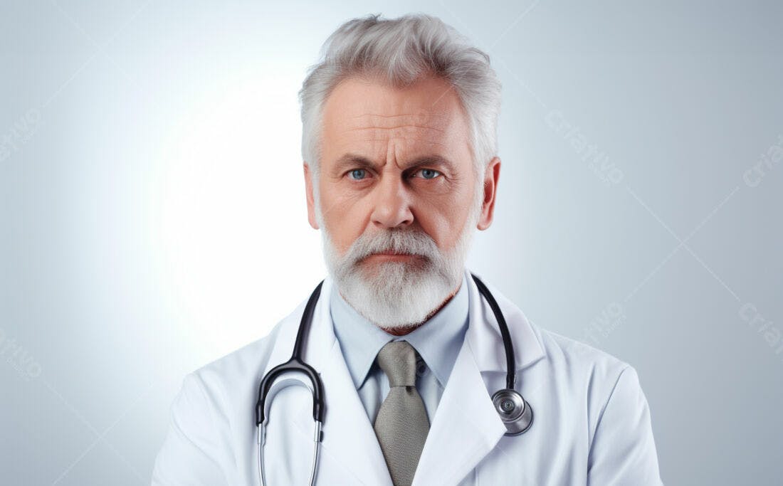 Médico idoso com barba branca e jaleco