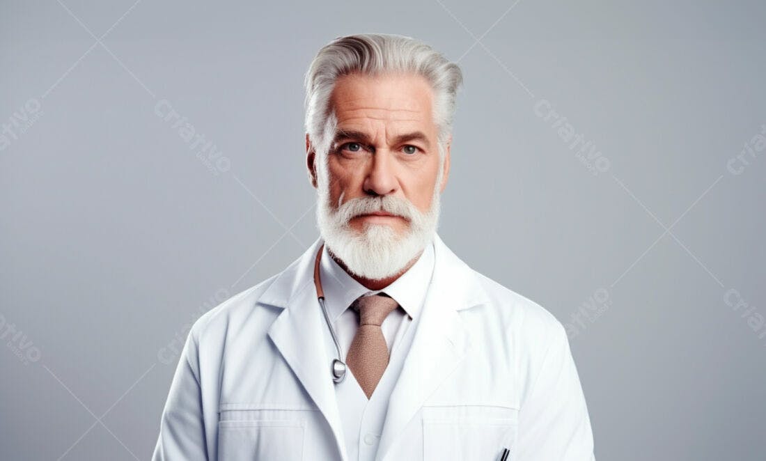 Médico sênior com barba branca fundo cinza