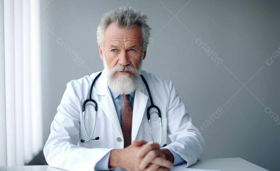 Médico sênior com barba branca em consultório