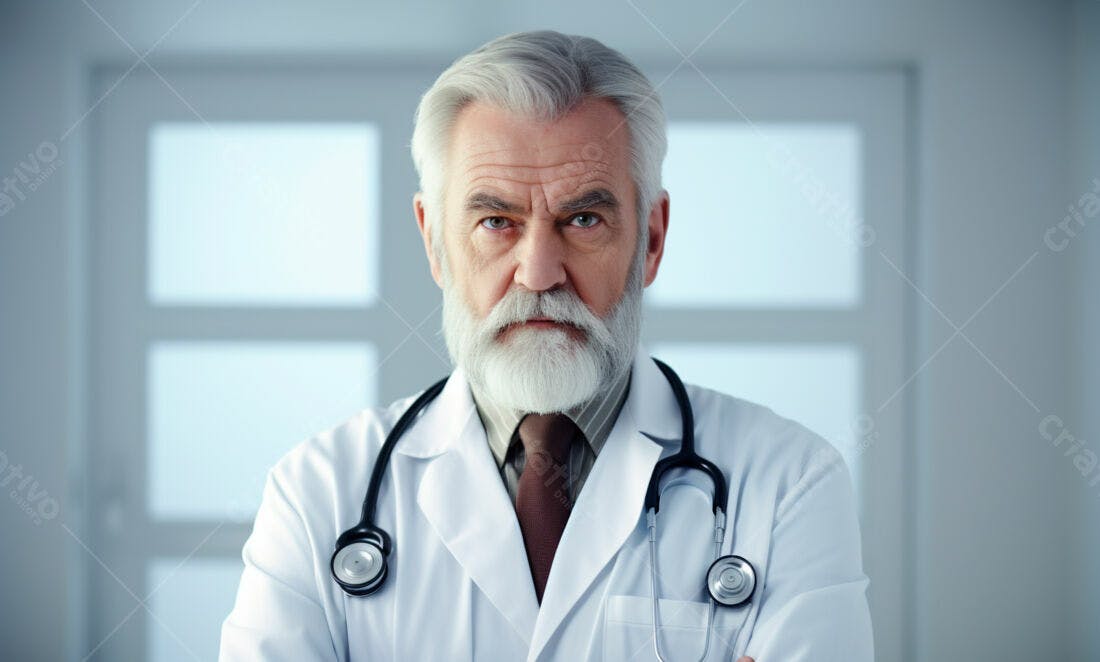 Médico sênior com barba branca em consultório
