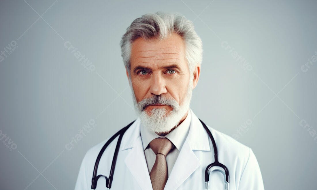 Médico sênior com barba branca e jaleco
