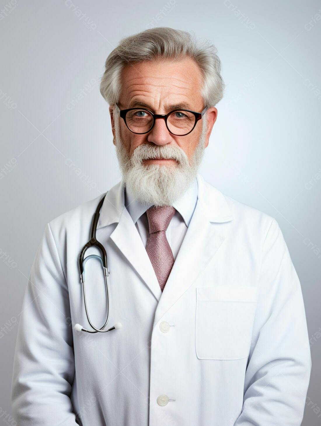 Médico sênior de barba branca em jaleco
