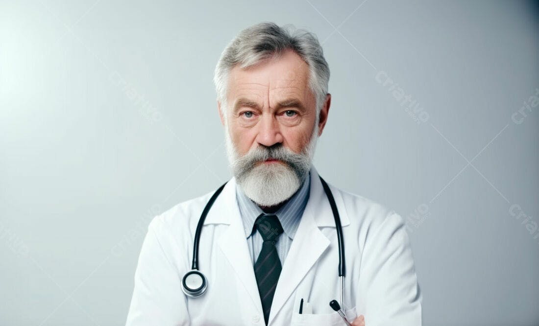 Médico sênior com barba branca e jaleco