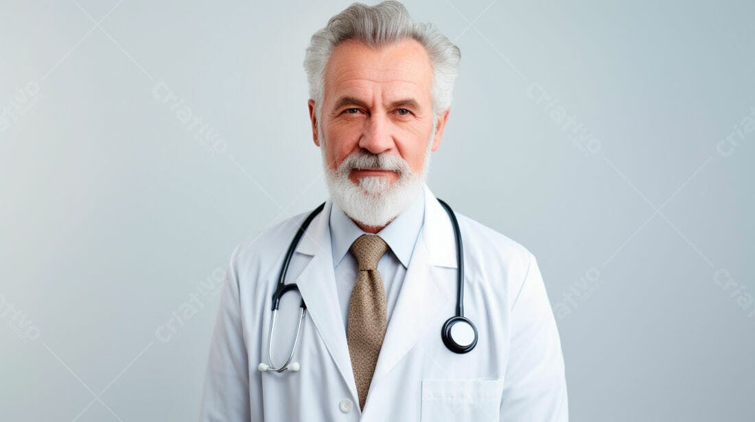 Médico sênior com barba branca e jaleco