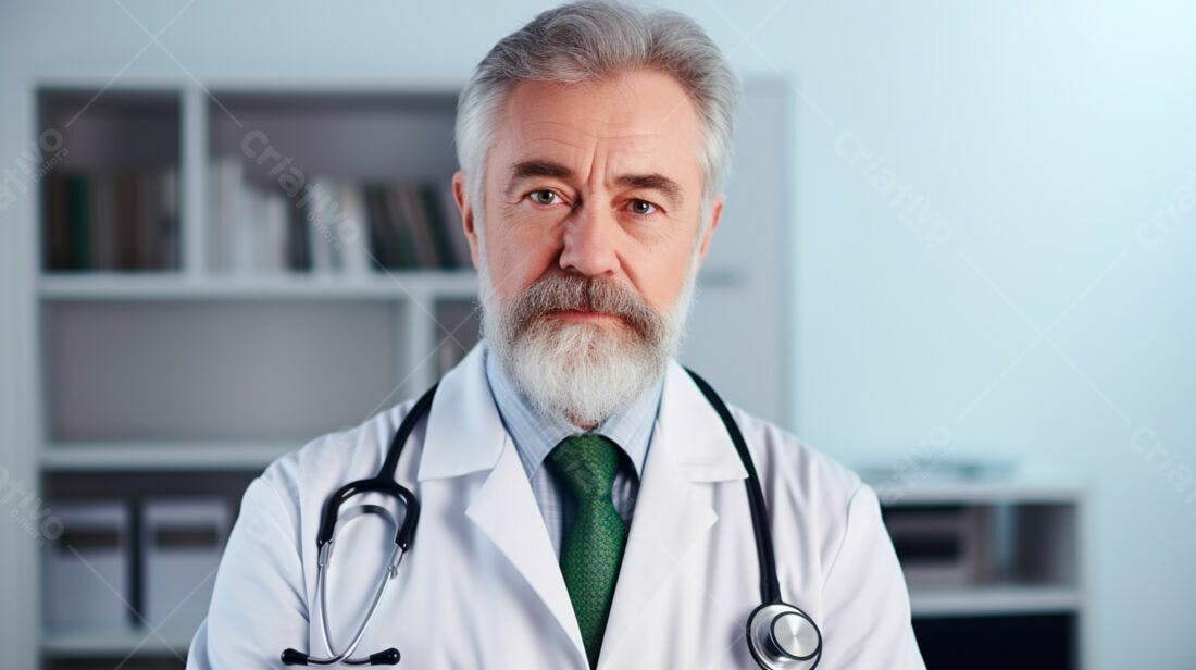 Médico sênior com jaleco branco consultório