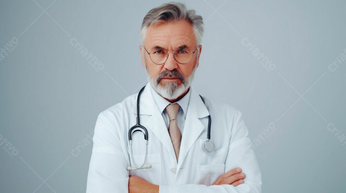 Médico sênior braços cruzados fundo cinza