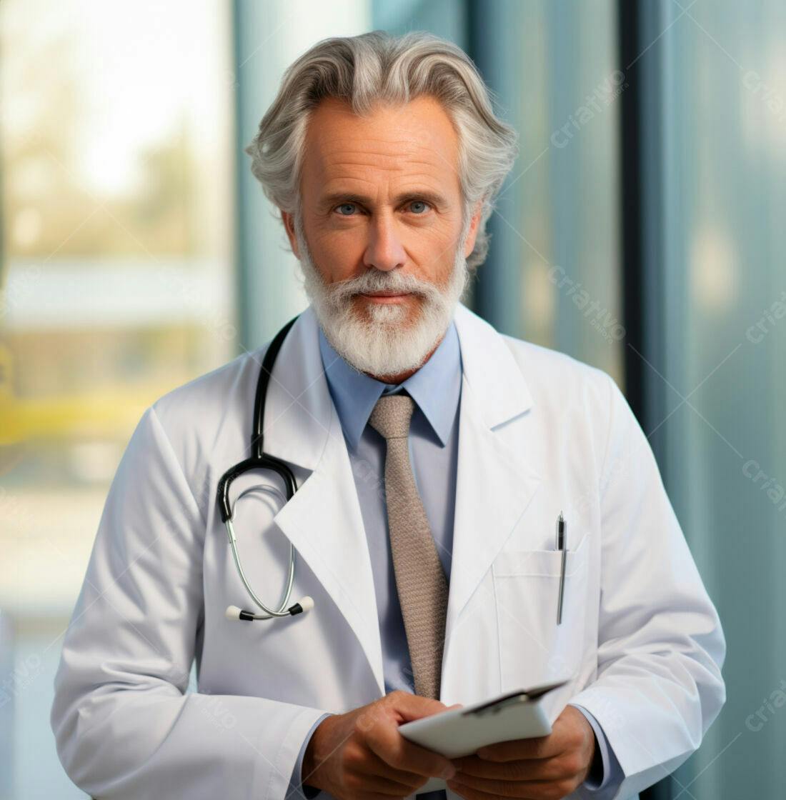 Médico experiente com prontuário em consultório