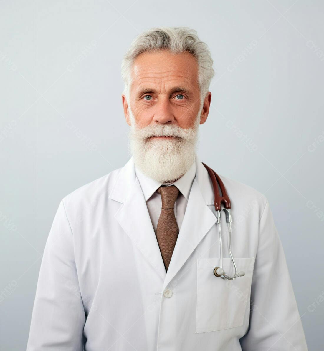 Médico sênior com barba branca usando jaleco