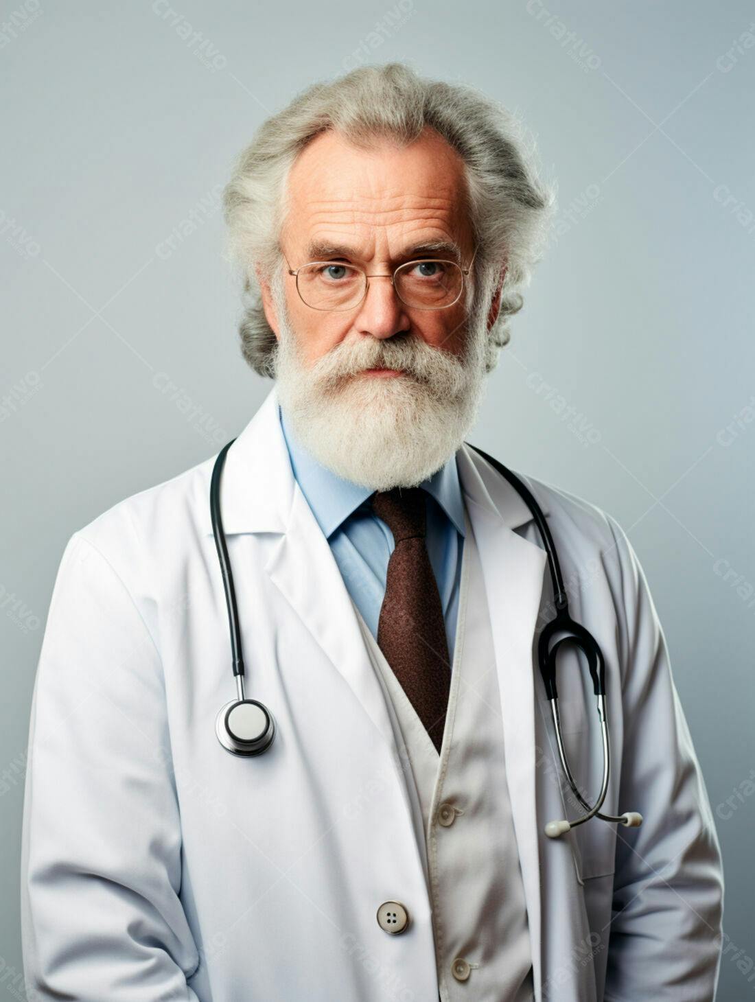 Médico sênior com barba branca e jaleco