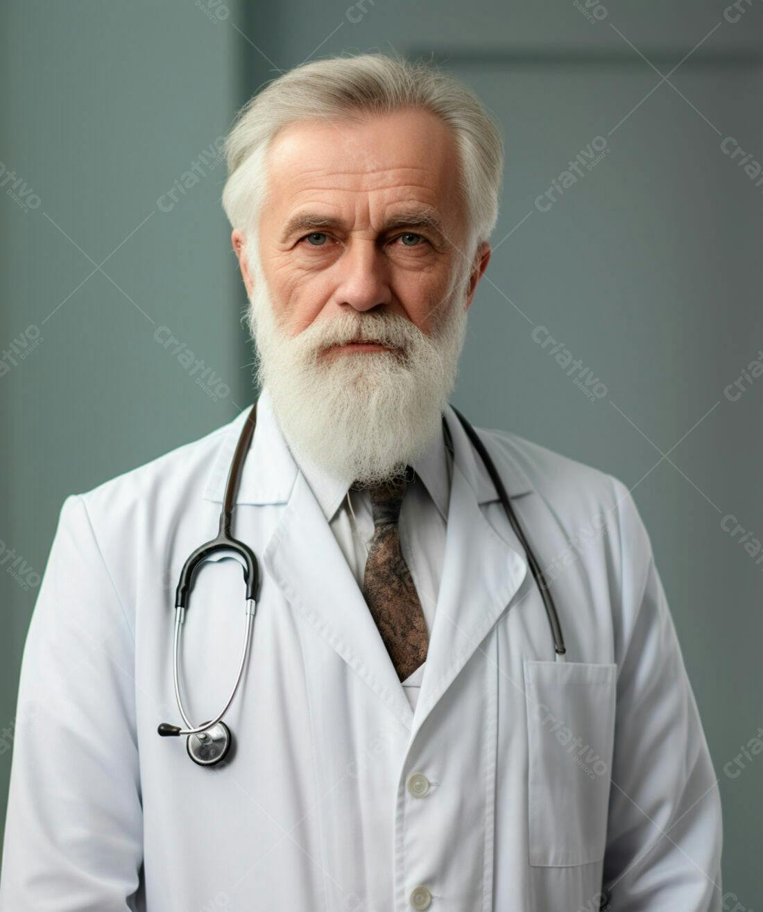 Médico idoso com barba branca usando jaleco