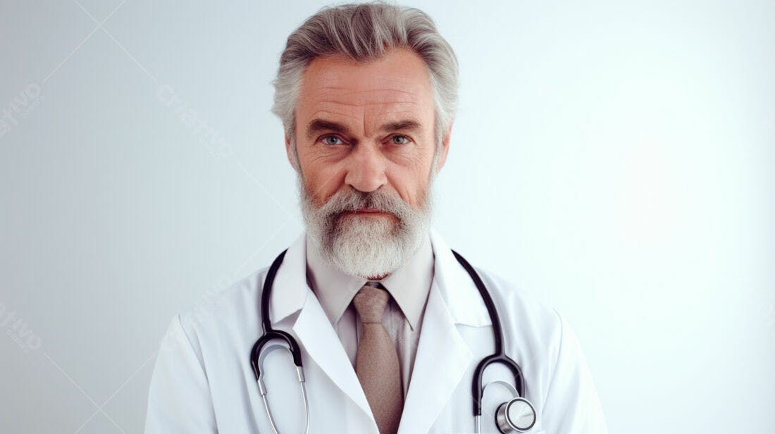 Médico sênior com barba branca usando estetoscópio