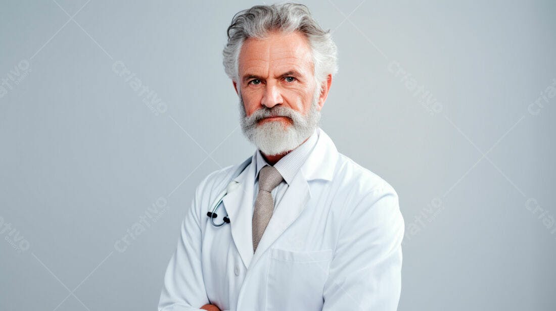 Médico sênior com barba branca fundo cinza