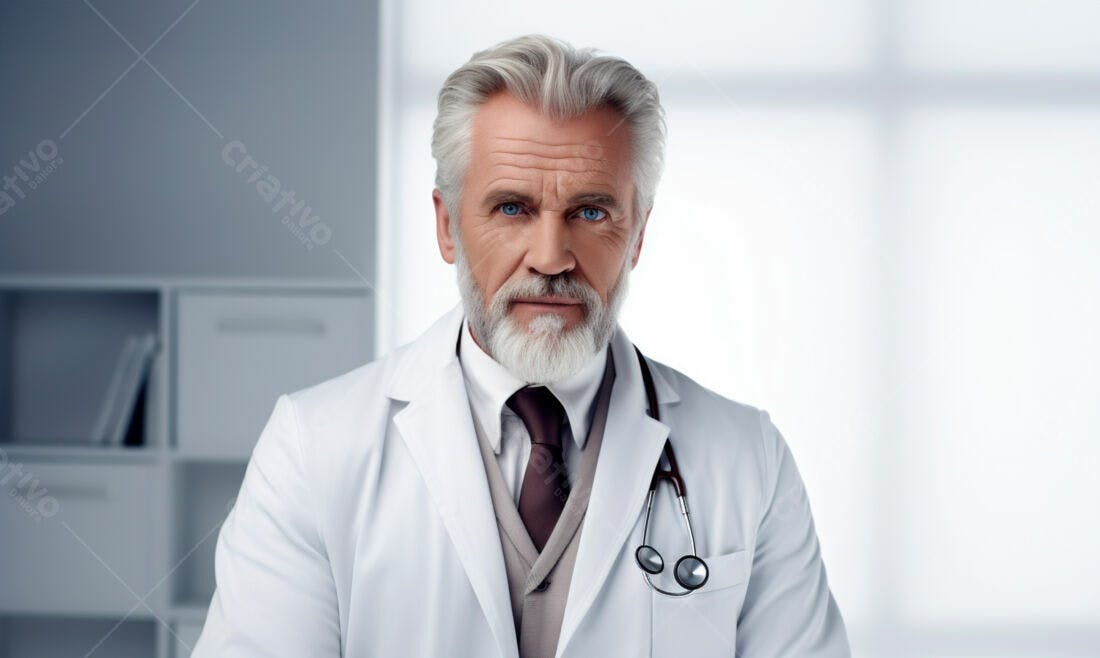 Médico sênior com barba branca em consultório