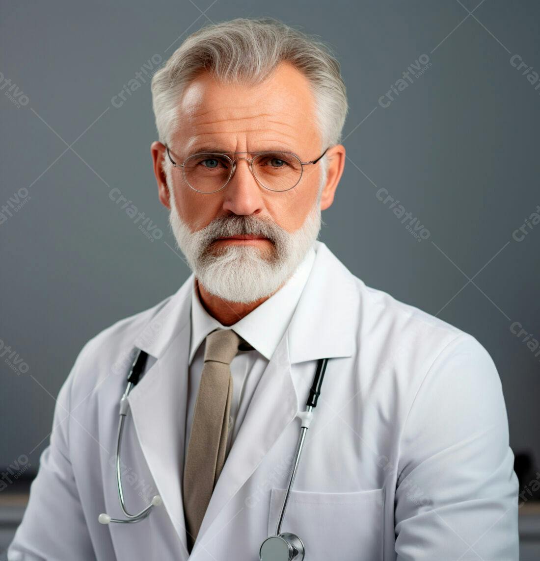 Médico sênior com barba branca usando jaleco