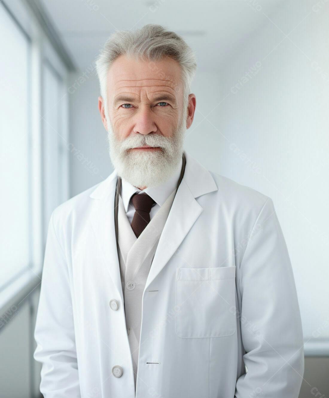 Médico sênior com barba branca em ambiente clínico
