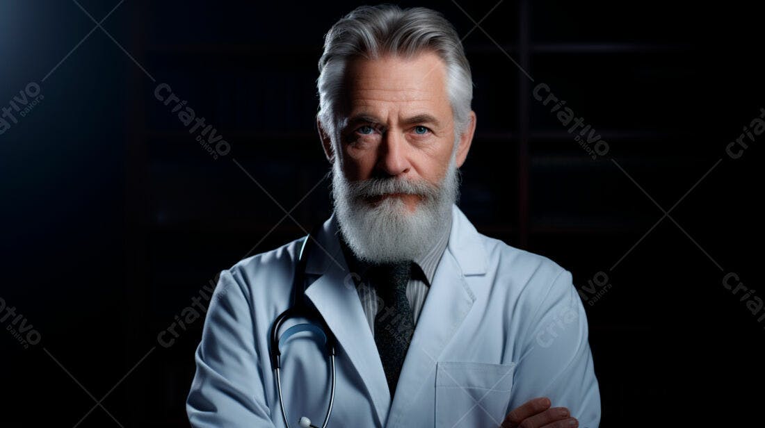 Médico com barba branca em fundo escuro
