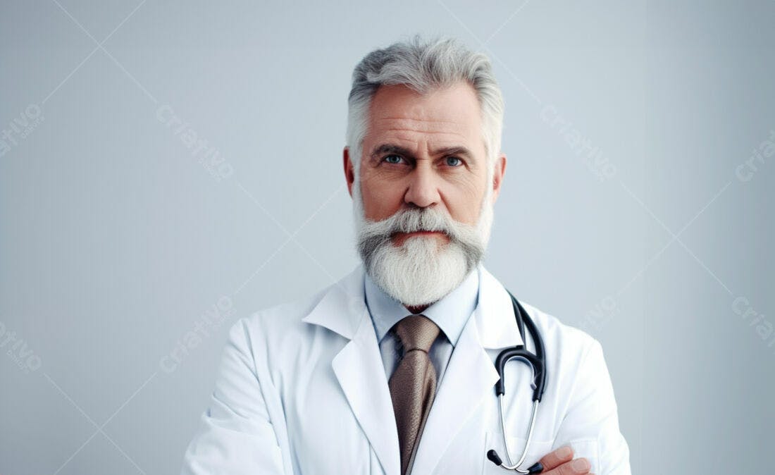 Médico sênior com barba branca fundo cinza