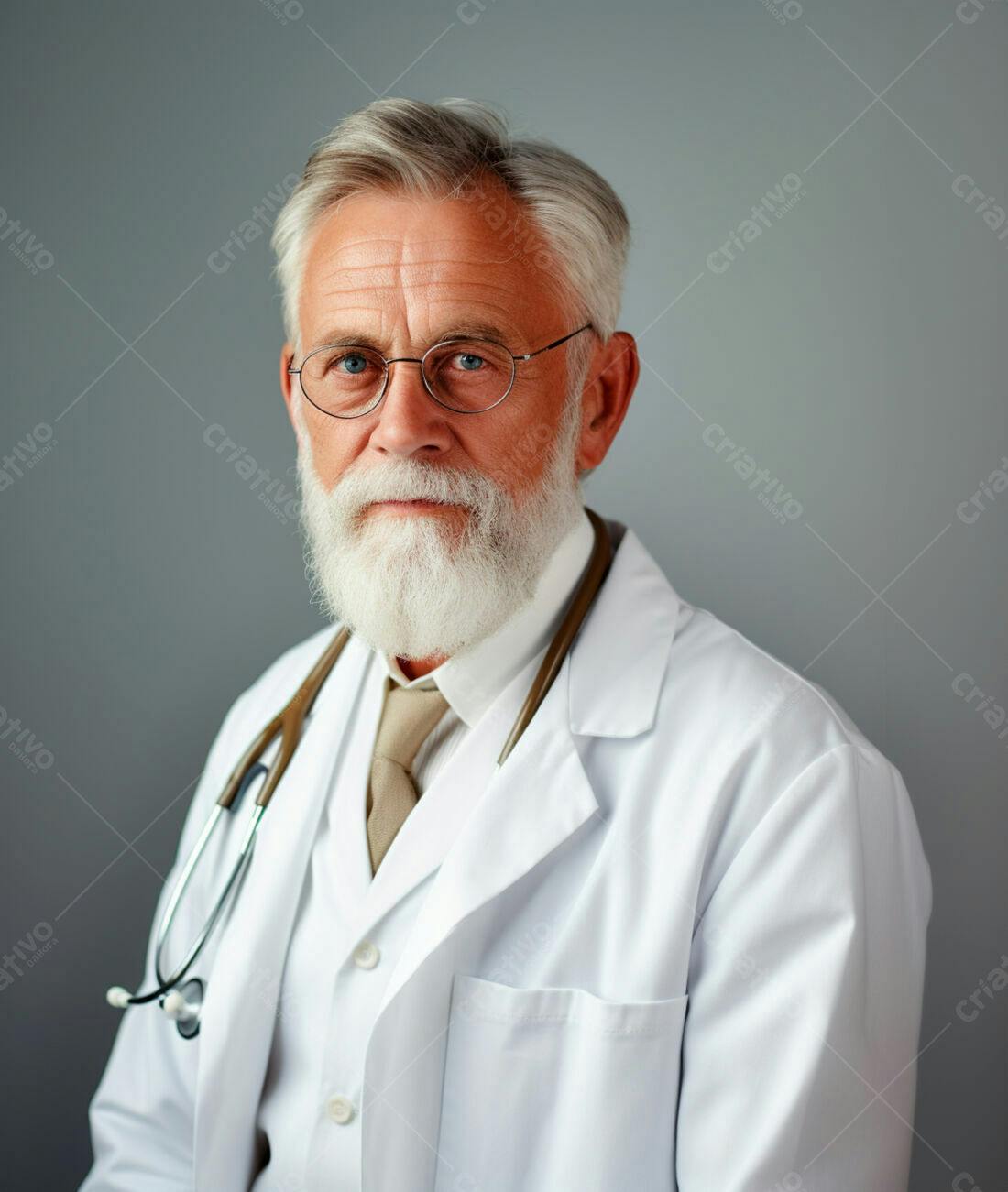 Médico experiente com barba branca e jaleco