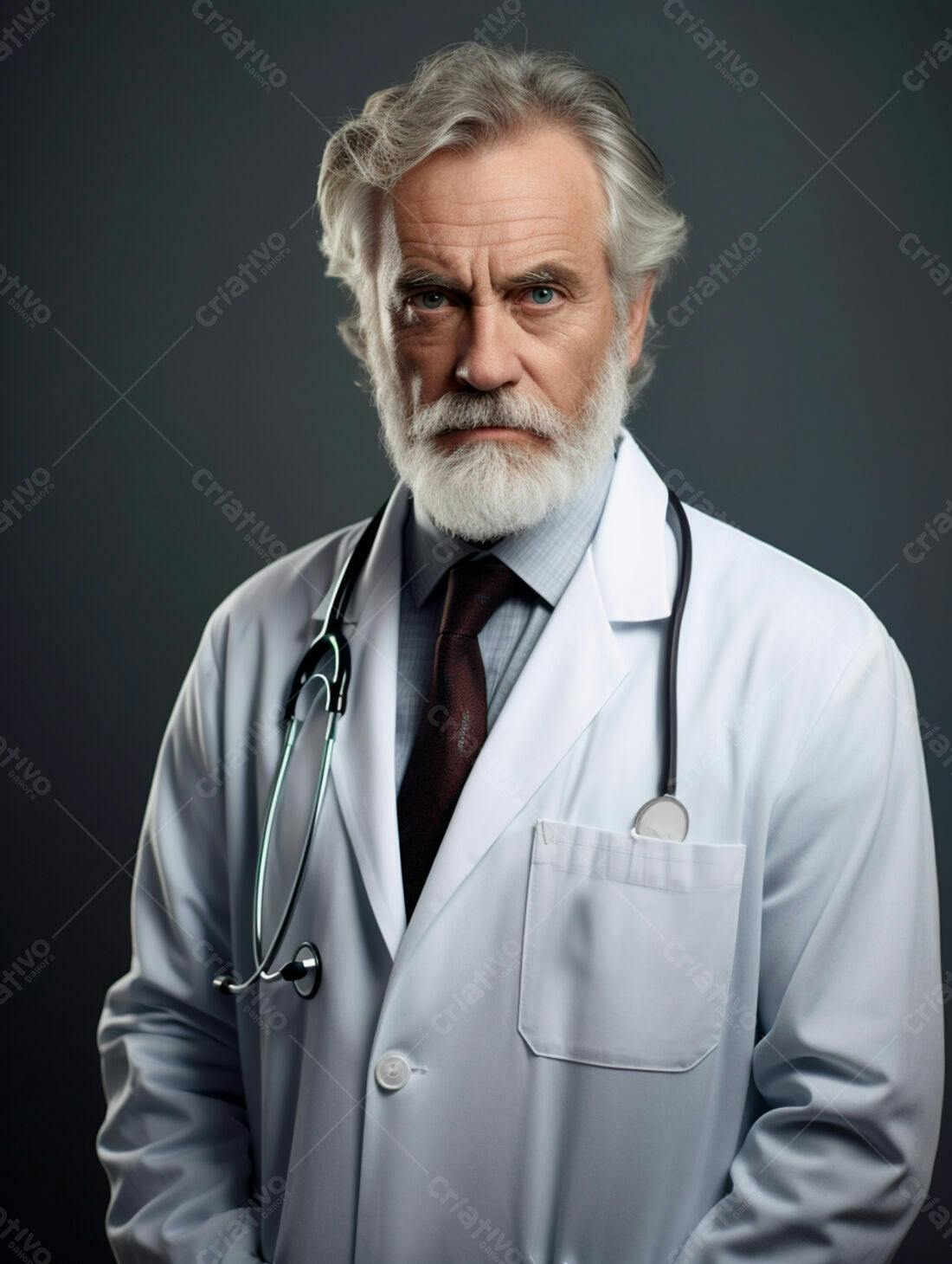Médico sênior com barba branca em fundo cinza