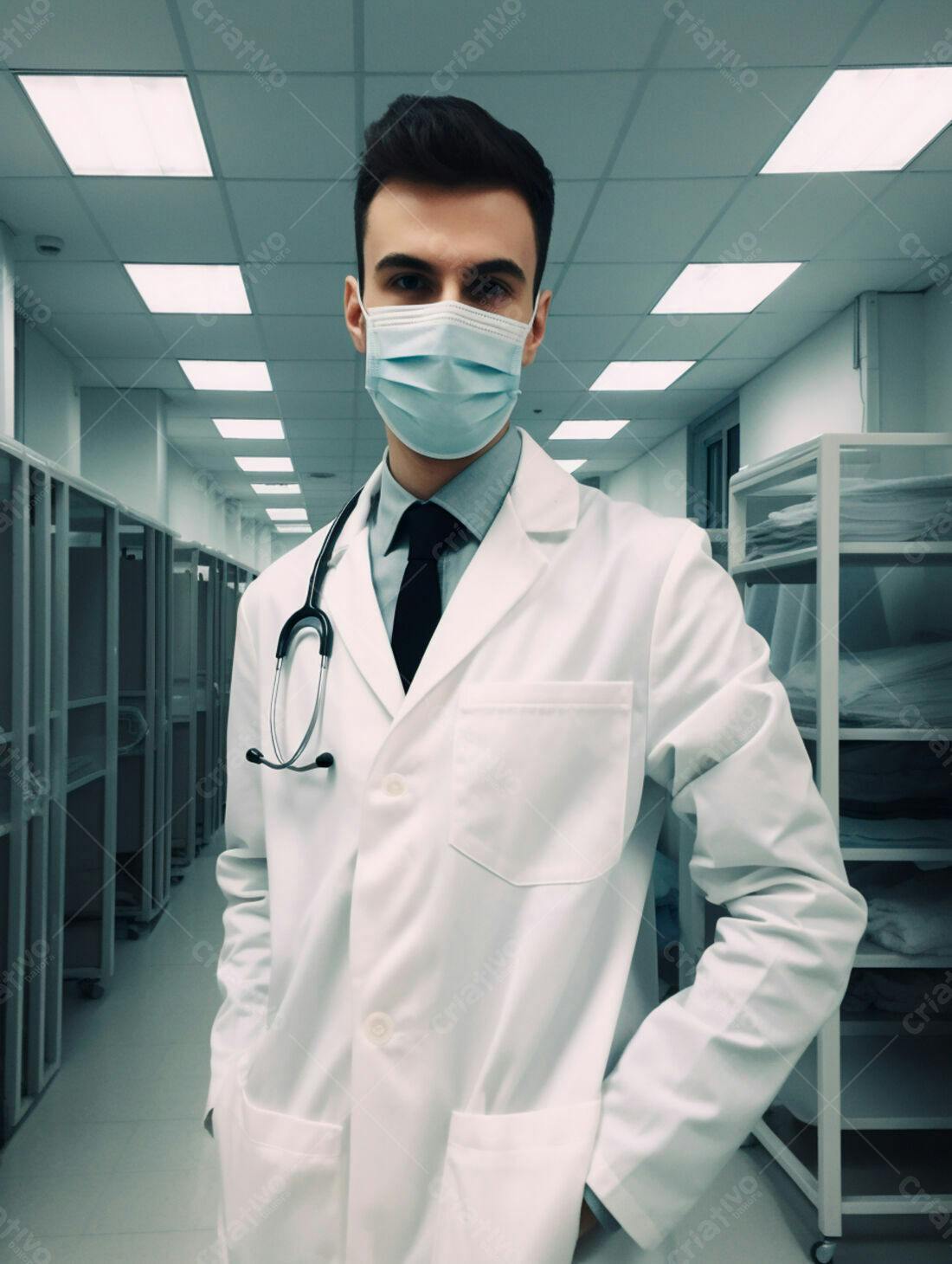 Médico usando máscara em corredor de hospital