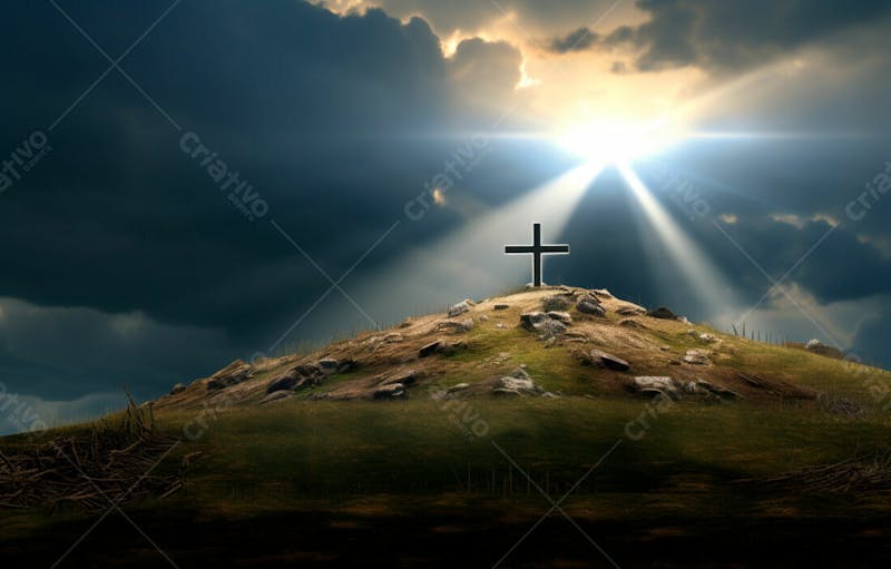Imagem de cruz no topo da colina com raio solar de um lindo pôr do sol 1