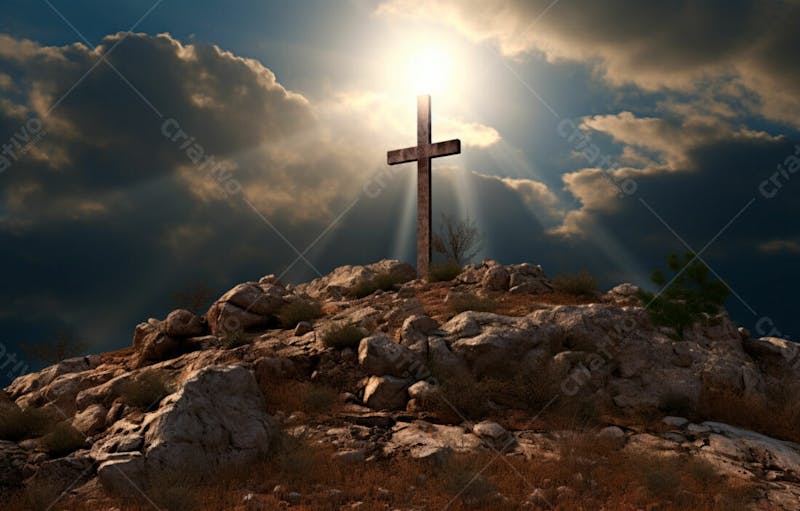 Imagem de cruz no topo da colina com raio solar de um lindo pôr do sol 2