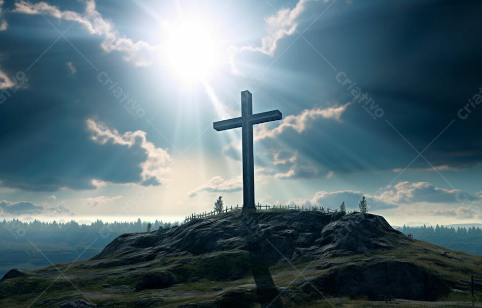 Imagem de cruz no topo da colina com raio solar de um lindo pôr do sol 3