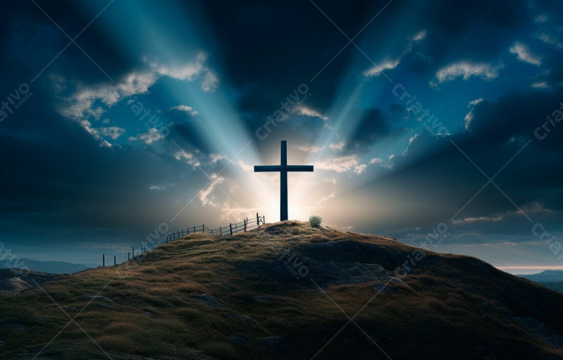 Cruz em colina ao nascer do sol