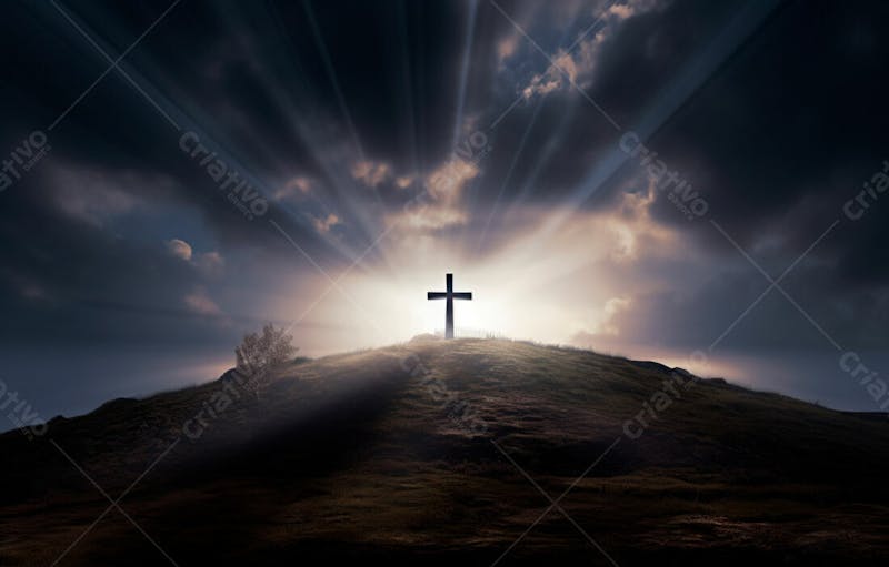 Imagem de cruz no topo da colina com raio solar de um lindo pôr do sol 5