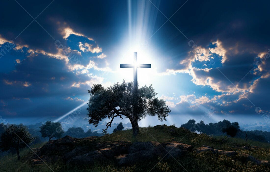 Cruz iluminada atrás de oliveira