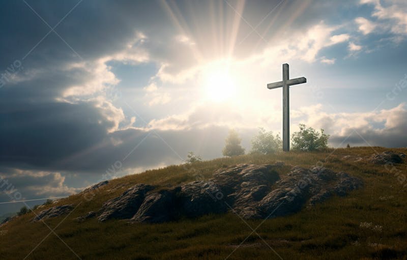 Imagem de cruz no topo da colina com raio solar de um lindo pôr do sol 7