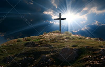 Imagem De Cruz No Topo Da Colina Com Raio Solar De Um Lindo Pôr Do Sol 12