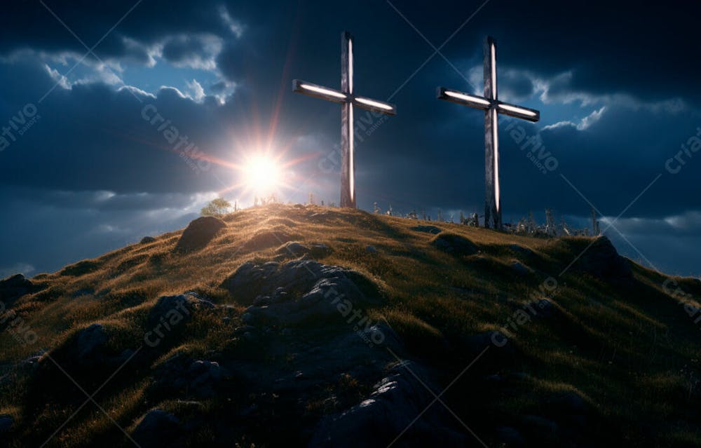 Imagem De Cruz No Topo Da Colina Com Raio Solar De Um Lindo Pôr Do Sol 13