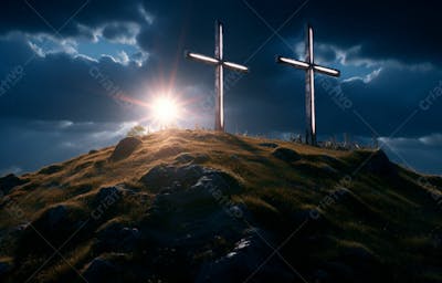 Imagem De Cruz No Topo Da Colina Com Raio Solar De Um Lindo Pôr Do Sol 13